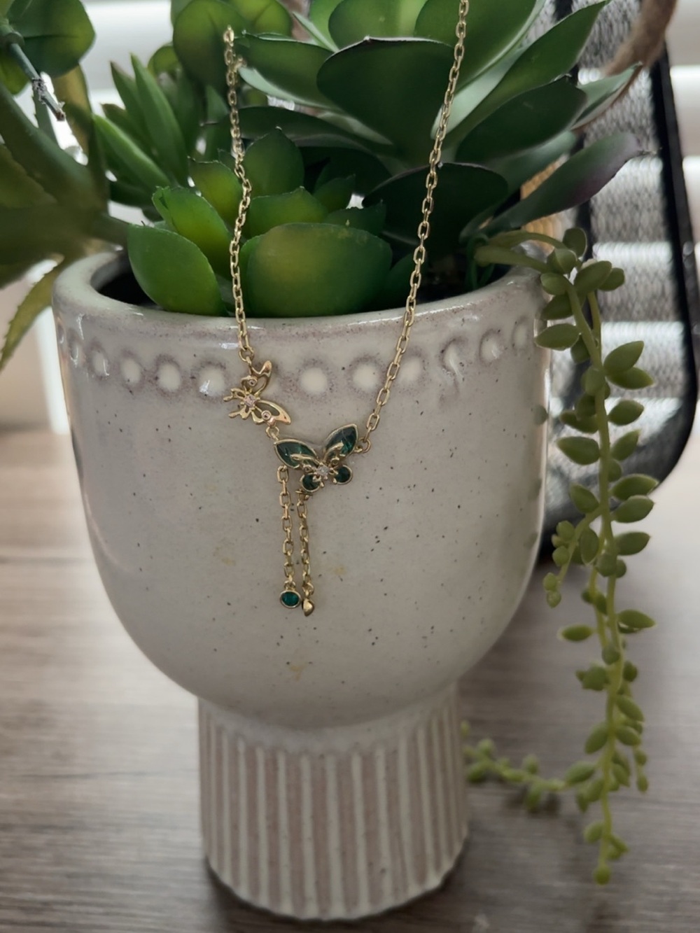 Gold Butterfly Drop Necklace with Green Accents